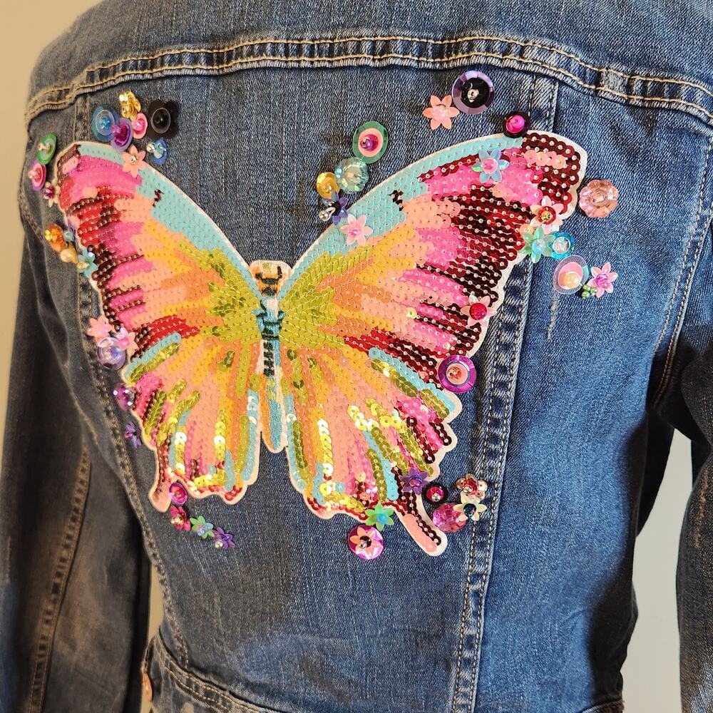 CUSTOM Butterfly in Bloom Sequin Denim Jacket, Size Small - Picture 9 of 13